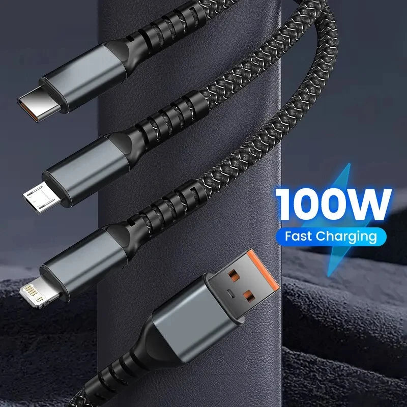 100/66W 3v1 kábel Micro USB Type C kábel pre iPhone 15 14 13 Pro Max Huawei Xiaomi Samsung S23 S22 Super rýchly nabíjací kábel