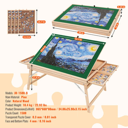 VEVOR 1500 dielny puzzle stolík so skladacími nohami, 4 zásuvkami a krytom Drevená platňa na puzzle pre dospelých Darček pre mamu