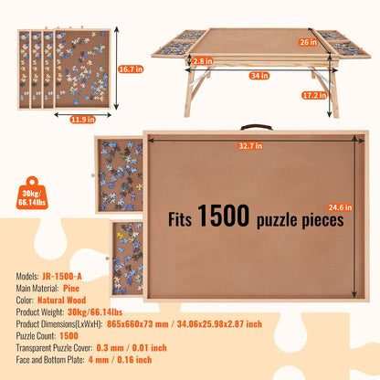VEVOR 1500 dielny puzzle stolík so skladacími nohami, 4 zásuvkami a krytom Drevená platňa na puzzle pre dospelých Darček pre mamu