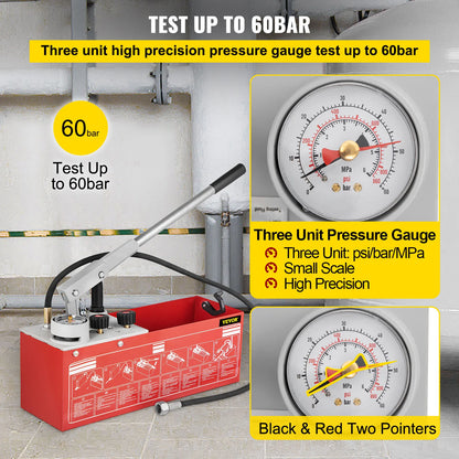 Testovacie čerpadlo hydrostatického tlaku VEVOR 60 bar/860 psi 3,2 galónová nádrž Hydraulická manuálna súprava na testovanie tlaku vody Tlakový test