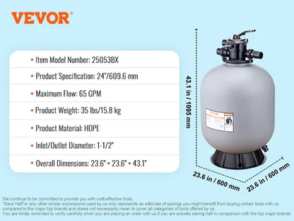 VEVOR 16/19/22/24 palcový pieskový filter so 7-cestným ventilom s viacerými otvormi a vysokým prietokom GPM nad pieskovým systémom pre zapustený bazén, sivý