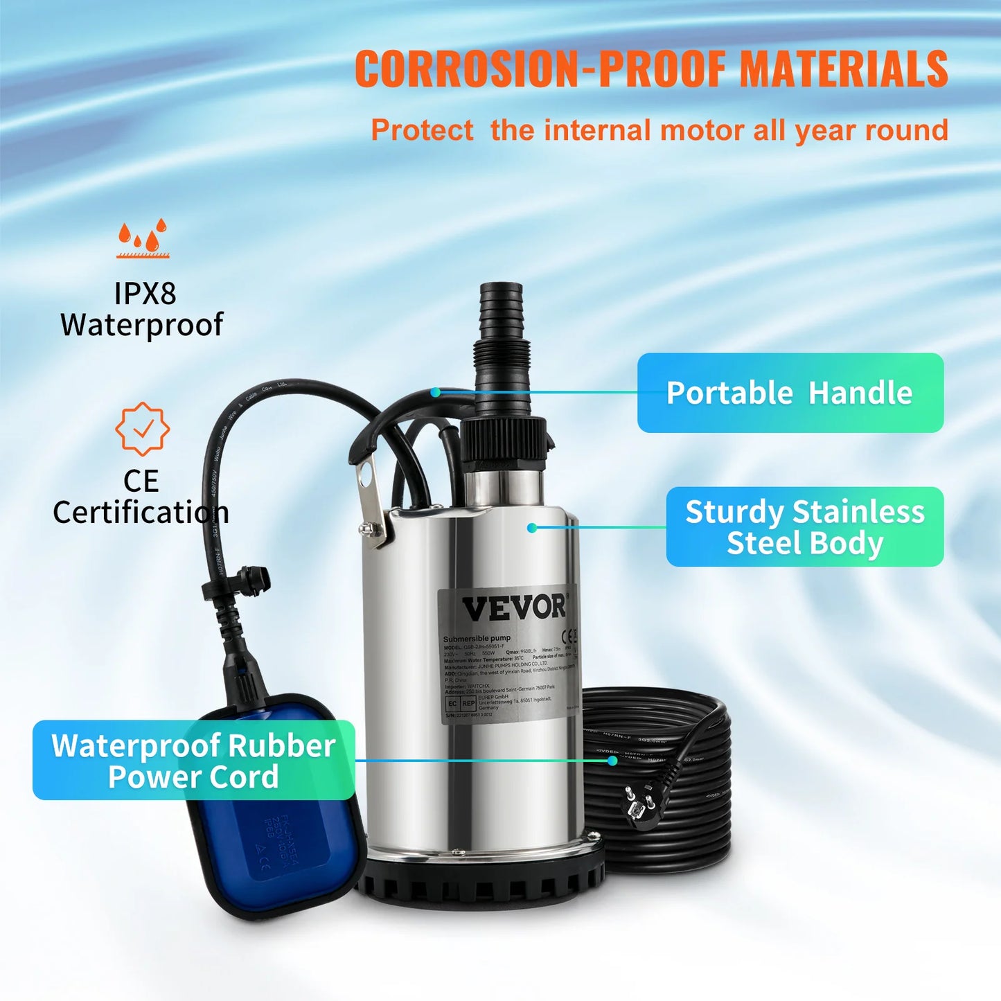 VEVOR Kalové čerpadlo ponorné kalové čerpadlo Čerpadlo na čistú vodu 550W - 2200W na čerpanie vody z bazénov, pivníc, víriviek