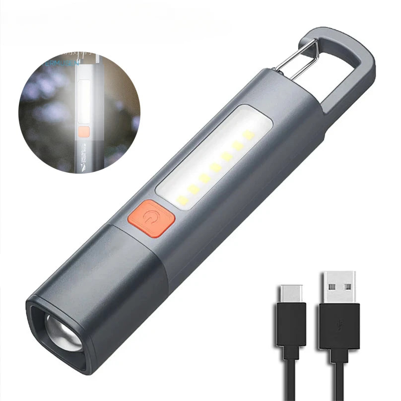 Silné osvetlenie ABS baterka USB nabíjanie Prenosná vonkajšia malá baterka Kempingová závesná lampa Teleskopická Focus COB bočná lampa