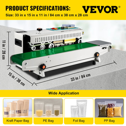 VEVOR FR-900 Automatický horizontálny kontinuálny stroj na utesňovanie pásov plastových vreciek Utesňovač s reguláciou teploty na balenie produktov