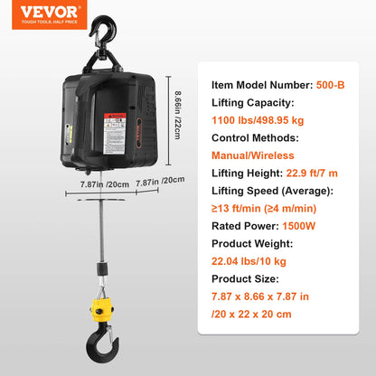 Elektrický kladkostroj VEVOR 1100 libier 1500 W prenosný elektrický naviják žeriav s bezdrôtovým diaľkovým ovládaním na zdvíhanie skladu v továrni