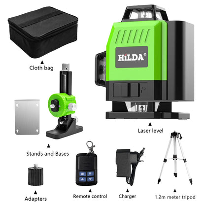 HILDA 12/16 čiarový 3/4D laserová vodováha Samonivelačná 360 horizontálna a vertikálna krížová super výkonná zelená laserová vodováha