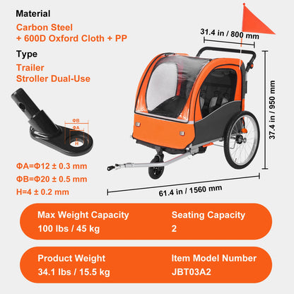 VEVOR 88/100 lbs Detský príves na bicykel Dvojsedadlový nosič premenený na kočík Skladací detský príves na bicykel pre batoľatá Deti