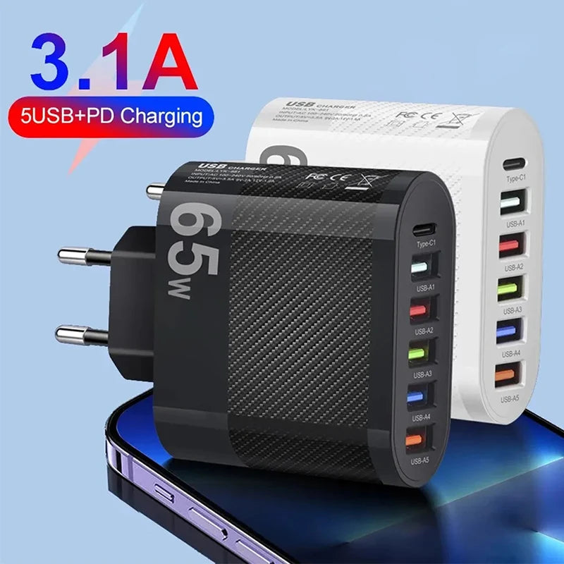 3,1 A 5 portov USB rýchla nabíjačka PD typ C nabíjací adaptér pre Xiaomi iPhone Samsung Nabíjacia zástrčka mobilného telefónu QC 3.0 na stenu