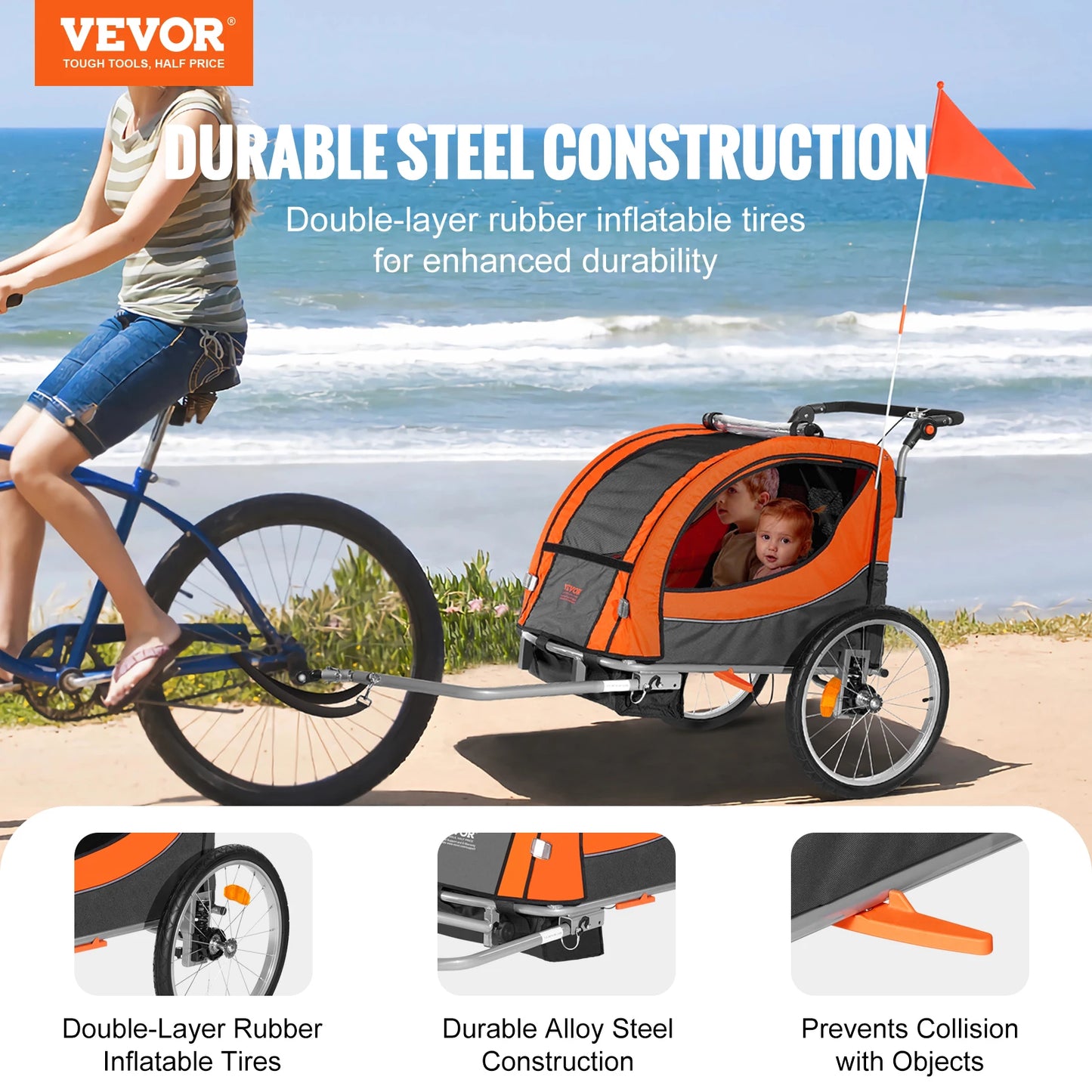VEVOR 88/100 lbs Detský príves na bicykel Dvojsedadlový nosič premenený na kočík Skladací detský príves na bicykel pre batoľatá Deti