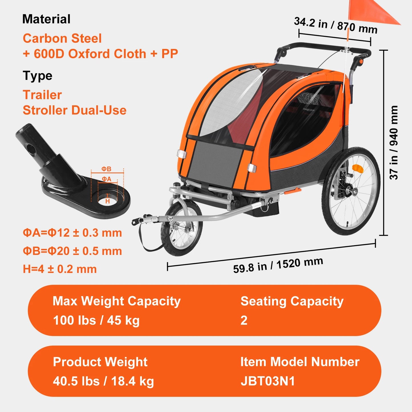 VEVOR 88/100 lbs Detský príves na bicykel Dvojsedadlový nosič premenený na kočík Skladací detský príves na bicykel pre batoľatá Deti