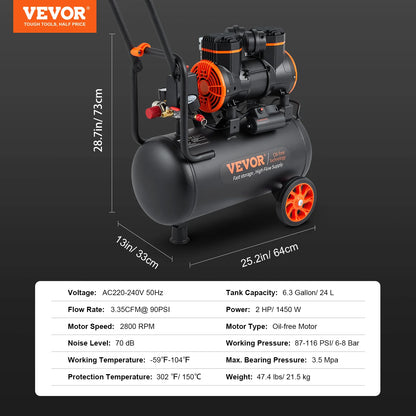 Tichý vzduchový kompresor VEVOR 900W 1450W 1800W Tiché bezolejové prenosné vzduchové čerpadlo pre domáce opravy kompresora na hustenie pneumatík