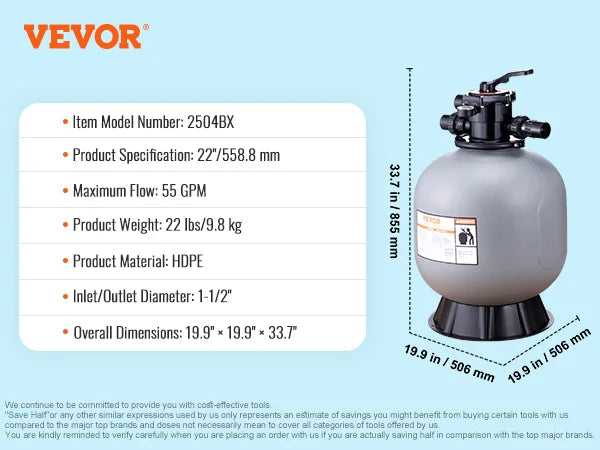 VEVOR 16/19/22/24 palcový pieskový filter so 7-cestným ventilom s viacerými otvormi a vysokým prietokom GPM nad pieskovým systémom pre zapustený bazén, sivý