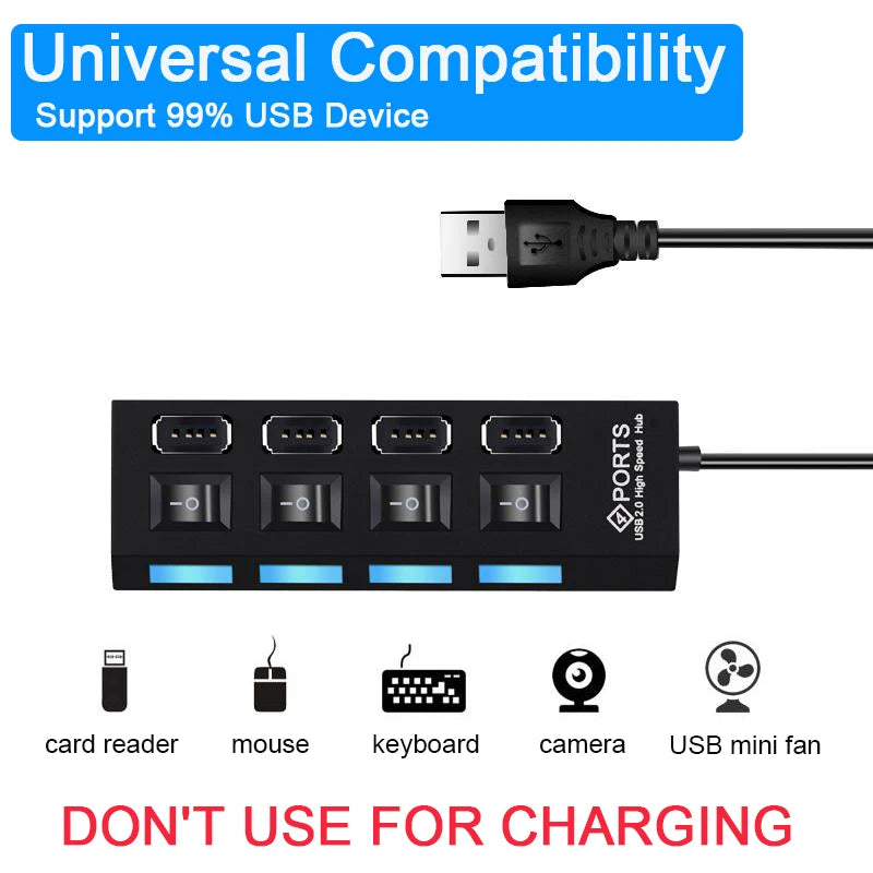 Vysokorýchlostný 4/7 portový USB HUB 2.0 Adaptér Expander Viacnásobný USB rozbočovač Viacnásobný rozširovač s LED prepínačom lampy pre PC Laptop