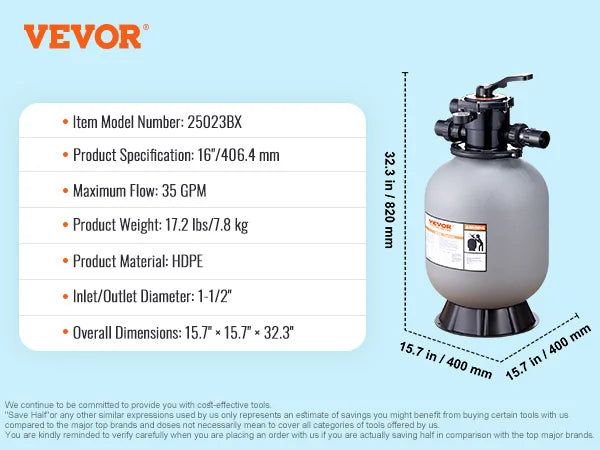 VEVOR 16/19/22/24 palcový pieskový filter so 7-cestným ventilom s viacerými otvormi a vysokým prietokom GPM nad pieskovým systémom pre zapustený bazén, sivý