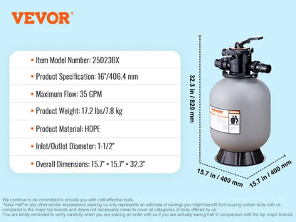 VEVOR 16/19/22/24 palcový pieskový filter so 7-cestným ventilom s viacerými otvormi a vysokým prietokom GPM nad pieskovým systémom pre zapustený bazén, sivý