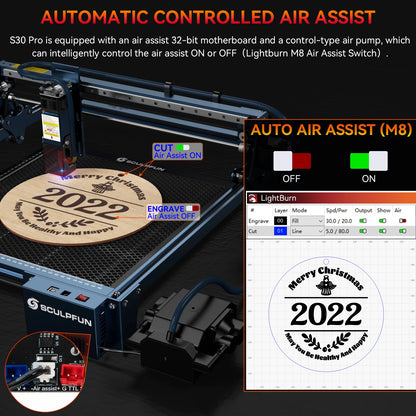 Laserový gravírovací stroj SCULPFUN S30 PRO 10 W s automatickým systémom Air-assist s voštinovým/valcovým gravírovacím strojom, plocha 410 x 400 mm