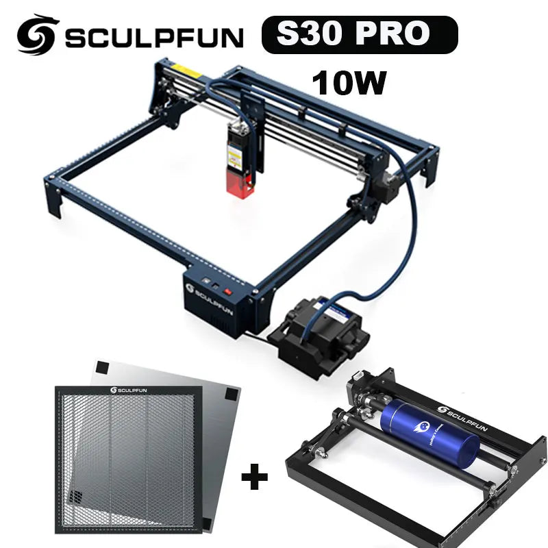 Laserový gravírovací stroj SCULPFUN S30 PRO 10 W s automatickým systémom Air-assist s voštinovým/valcovým gravírovacím strojom, plocha 410 x 400 mm