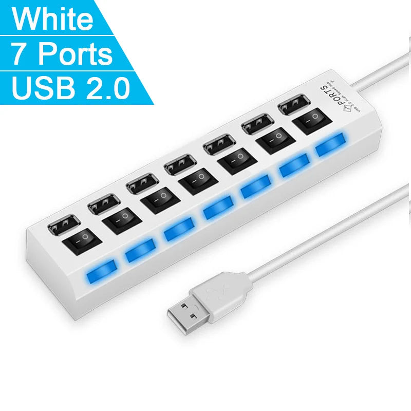 Vysokorýchlostný 4/7 portový USB HUB 2.0 Adaptér Expander Viacnásobný USB rozbočovač Viacnásobný rozširovač s LED prepínačom lampy pre PC Laptop