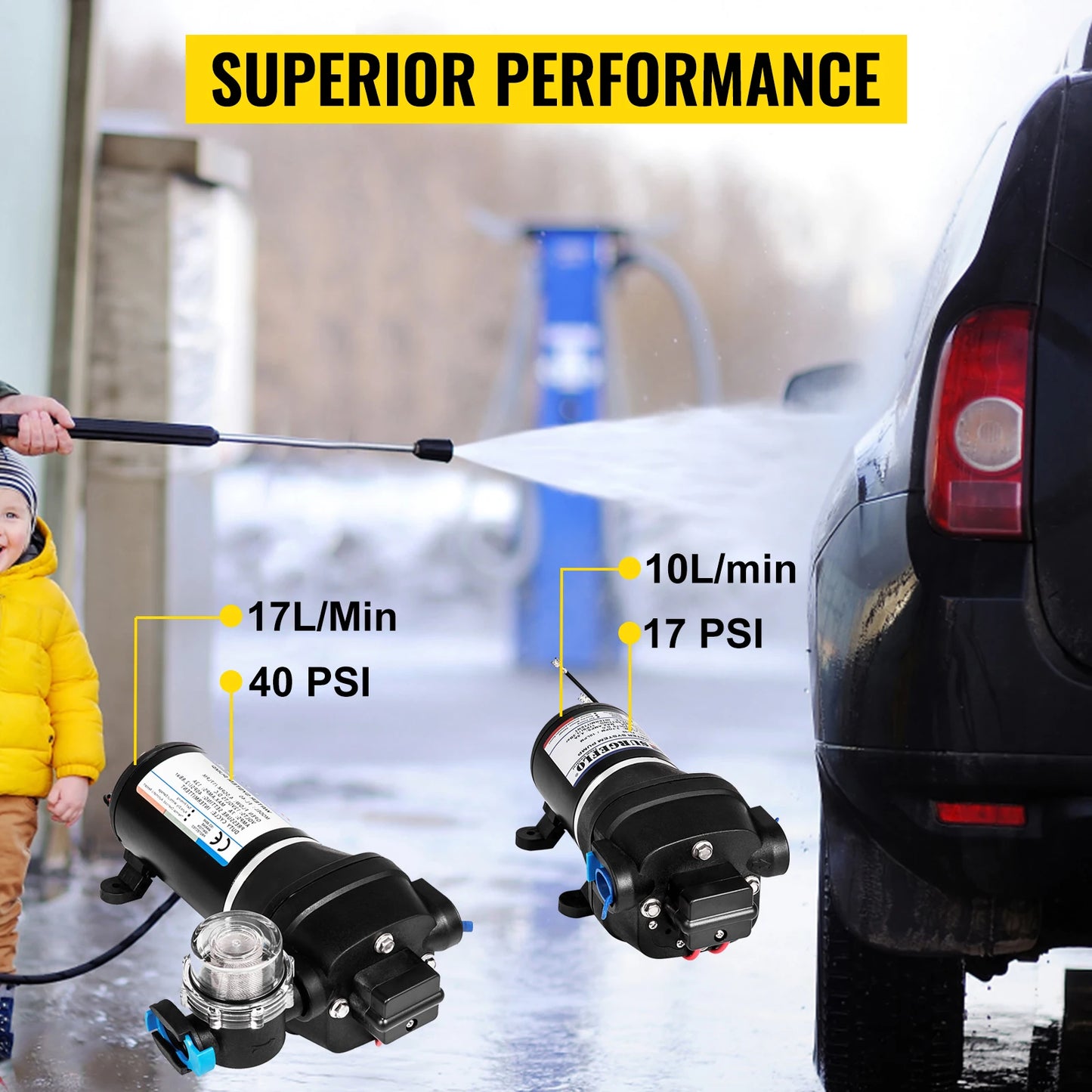 VEVOR 12V membránové vodné čerpadlo 10 l/min 17 PSI 17 l/min 40 psi vysokotlakové automatické samonasávacie čerpadlo s posilňovačom hmly do auta
