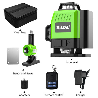 HILDA 12/16 čiarový 3/4D laserová vodováha Samonivelačná 360 horizontálna a vertikálna krížová super výkonná zelená laserová vodováha