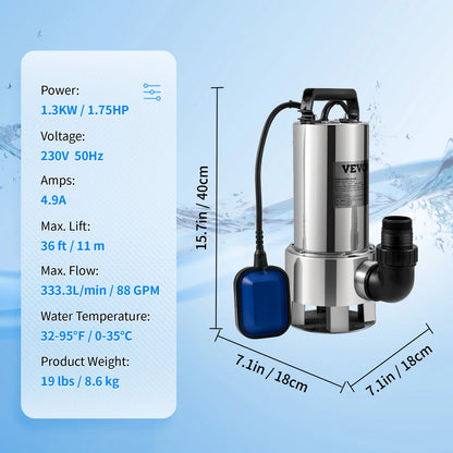 VEVOR Kalové čerpadlo ponorné kalové čerpadlo Čerpadlo na čistú vodu 550W - 2200W na čerpanie vody z bazénov, pivníc, víriviek
