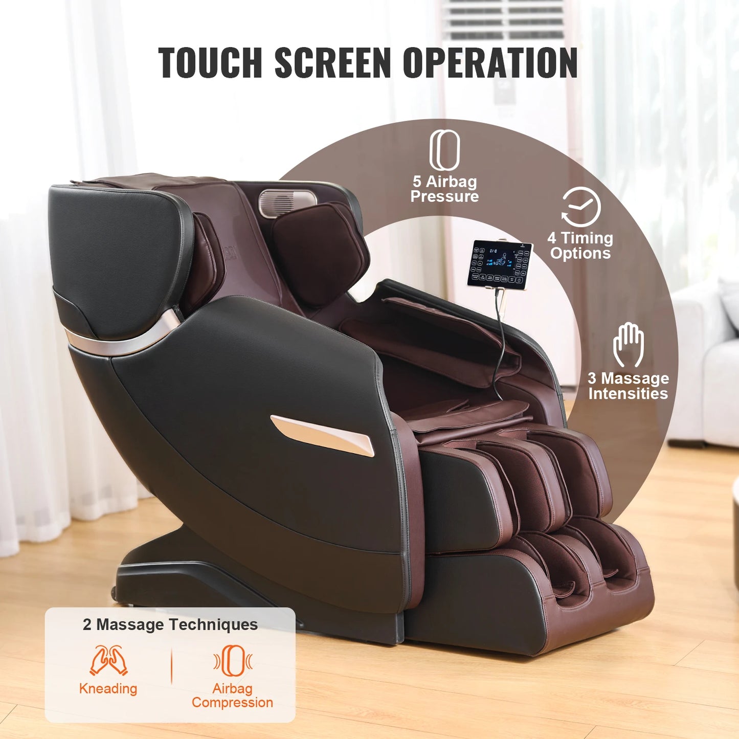 Masážne kreslo VEVOR – celotelové kreslo s nulovou gravitáciou s viacerými automatickými režimami 3D vyhrievanie Shiatsu Bluetooth reproduktor na nožičkách