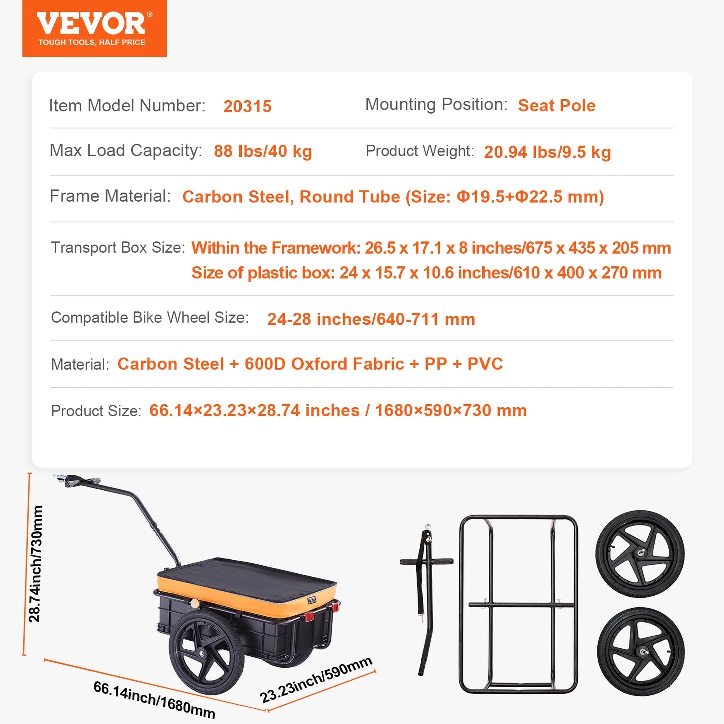 VEVOR 88 lbs Príves na nákladný bicykel Vozík na bicykel Skladací úložný priestor so 16" kolesami a bezpečnými odrazkami Vhodné pre 24" až 28" kolesá