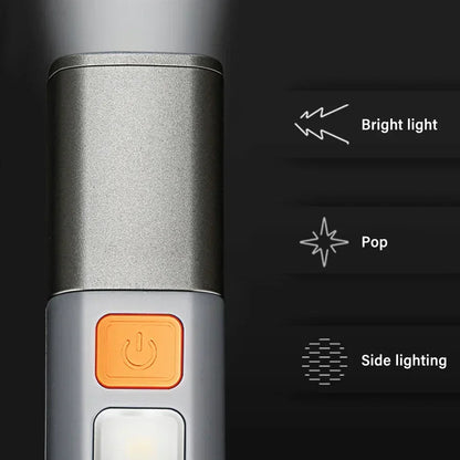 Silné osvetlenie ABS baterka USB nabíjanie Prenosná vonkajšia malá baterka Kempingová závesná lampa Teleskopická Focus COB bočná lampa
