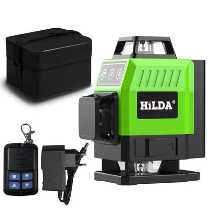 HILDA 12/16 čiarový 3/4D laserová vodováha Samonivelačná 360 horizontálna a vertikálna krížová super výkonná zelená laserová vodováha