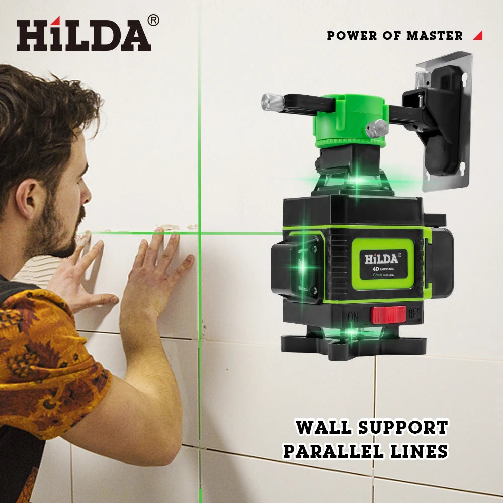 HILDA Laser Level 16 Lines 4D Level Samonivelačný 360 horizontálny a vertikálny krížový zelený laserový vodováha s obrazovkou