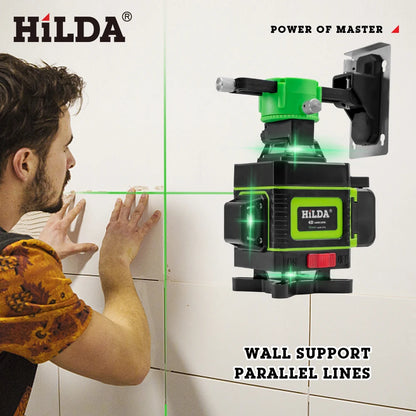 HILDA Laser Level 16 Lines 4D Level Samonivelačný 360 horizontálny a vertikálny krížový zelený laserový vodováha s obrazovkou