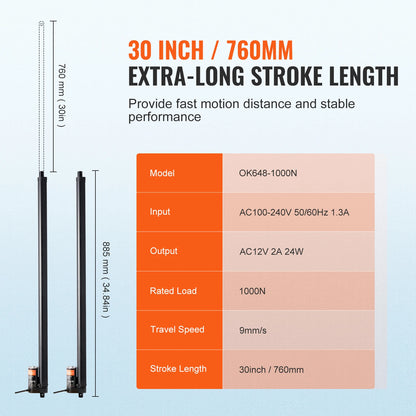 VEVOR 2PCS 12V lineárny ovládač 1000N 30-palcová súprava elektrického lineárneho ovládača motora IP54 Ochrana pre domáci TV stolík na zdvíhanie pohovky