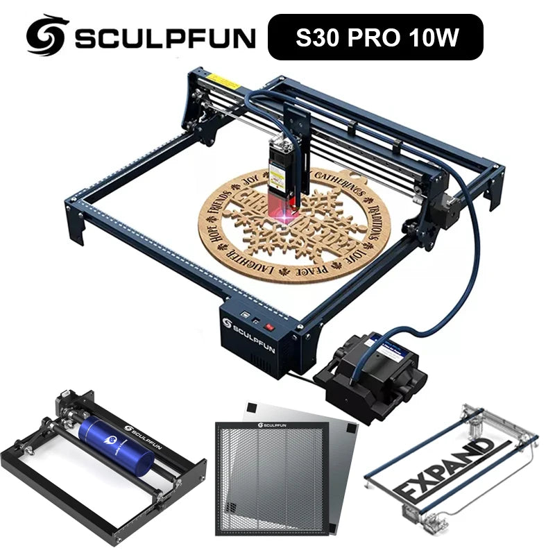 Laserový gravírovací stroj SCULPFUN S30 PRO 10 W s automatickým systémom Air-assist s voštinovým/valcovým gravírovacím strojom, plocha 410 x 400 mm