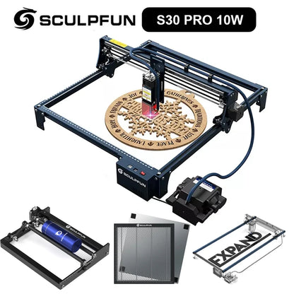 Laserový gravírovací stroj SCULPFUN S30 PRO 10 W s automatickým systémom Air-assist s voštinovým/valcovým gravírovacím strojom, plocha 410 x 400 mm