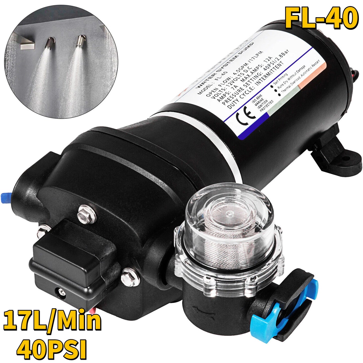 VEVOR 12V membránové vodné čerpadlo 10 l/min 17 PSI 17 l/min 40 psi vysokotlakové automatické samonasávacie čerpadlo s posilňovačom hmly do auta
