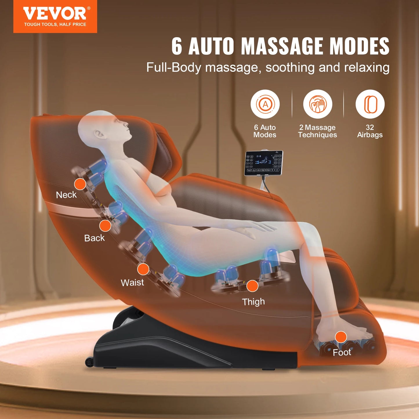 Masážne kreslo VEVOR – celotelové kreslo s nulovou gravitáciou s viacerými automatickými režimami 3D vyhrievanie Shiatsu Bluetooth reproduktor na nožičkách