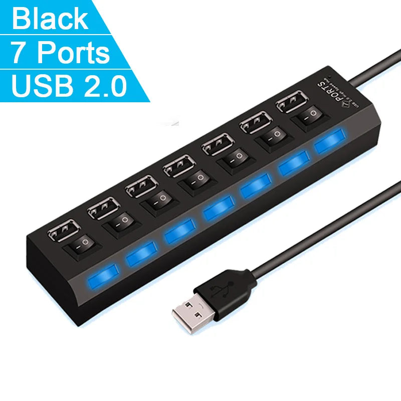 Vysokorýchlostný 4/7 portový USB HUB 2.0 Adaptér Expander Viacnásobný USB rozbočovač Viacnásobný rozširovač s LED prepínačom lampy pre PC Laptop