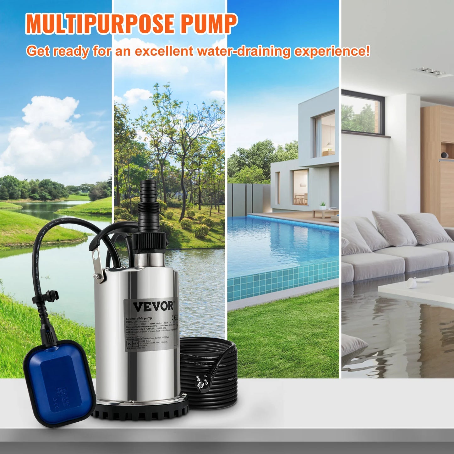 VEVOR Kalové čerpadlo ponorné kalové čerpadlo Čerpadlo na čistú vodu 550W - 2200W na čerpanie vody z bazénov, pivníc, víriviek