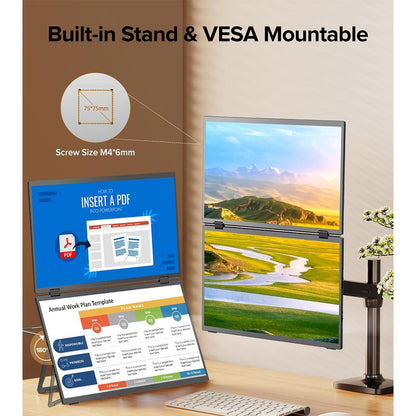 UPERFECT Delta 15.6-inch Dual Screen Portable Folding Monitor, 1920*1080 FHD IPS Screen, 60Hz Refresh Rate, 1000:1 Contrast Ratio, 360&#176; Folding, Built-in Speaker, Built-in Stand &amp; VESA Mountable,  2*Full-Featured Type-C, 2* mini HDMI - EU Plug