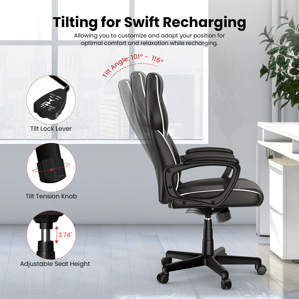 Herná kancelárska stolička ACGAM CG-4850, štandardná verzia, ergonomický dizajn, flexibilné nastavenie sklonu a výšky, kvalitná PVC kožená čalúň, elegantné polstrované podrúčky, plynulý 360° otočný systém.