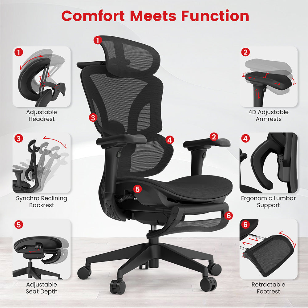 Ergonomická herná kancelárska stolička ACGAM CG-5658M s 4D nastaviteľnými podrúčkami, bedernou opierkou a nastaviteľnou opierkou hlavy.