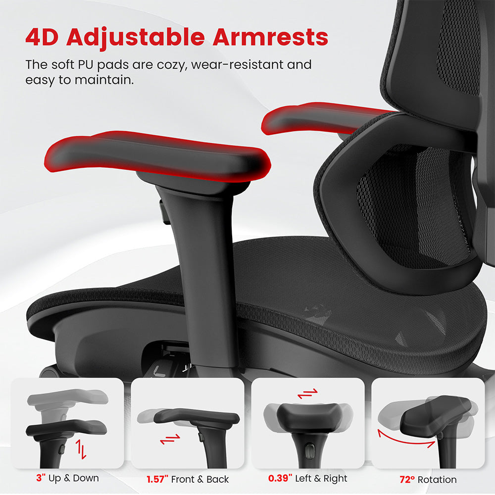 Ergonomická herná kancelárska stolička ACGAM CG-5658M s 4D nastaviteľnými podrúčkami, bedernou opierkou a nastaviteľnou opierkou hlavy.