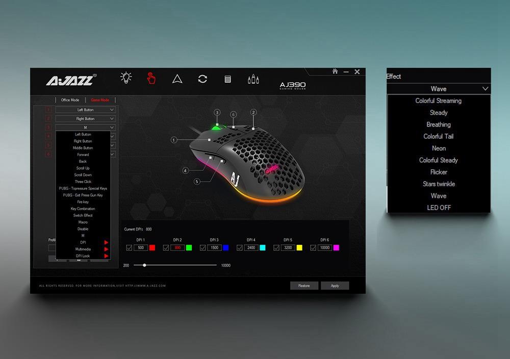 Ajazz AJ390 Ultralehká optická drátová myš s dutým dizajnom, RGB podsvietením, nastaviteľným DPI 16000 a 7 tlačidlami – čierna