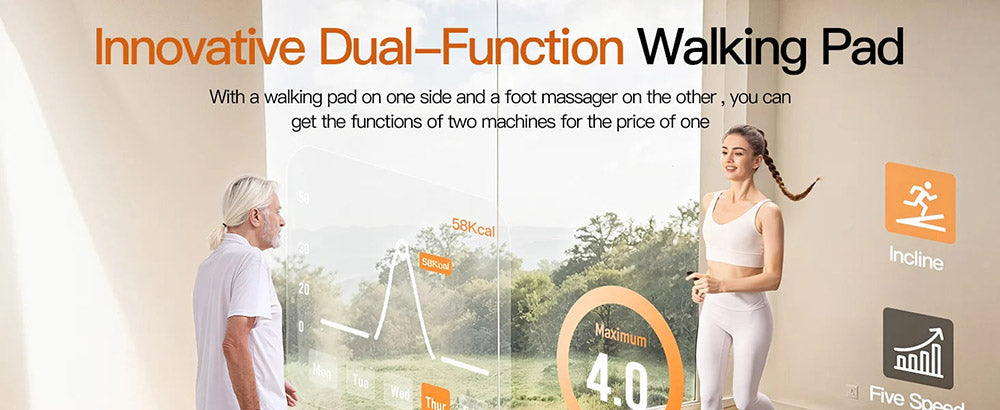 Akluer 520 obojstranný podstôlkový behací pás s Shiatsu masážnou funkciou nôh, chodiaca plocha s náklonom, tichý motor 2,5 HP, LED displej