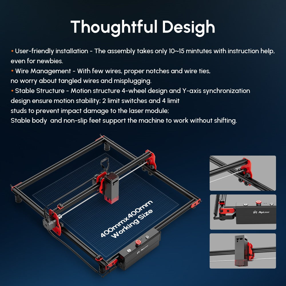 AlgoLaser DIY KIT 5W laserový gravír, dvojjadrový procesor, rýchlosť gravírovania 12 000 mm/min, 2,4 GHz WiFi, 400*400 mm (157,5*157,5 palcov)