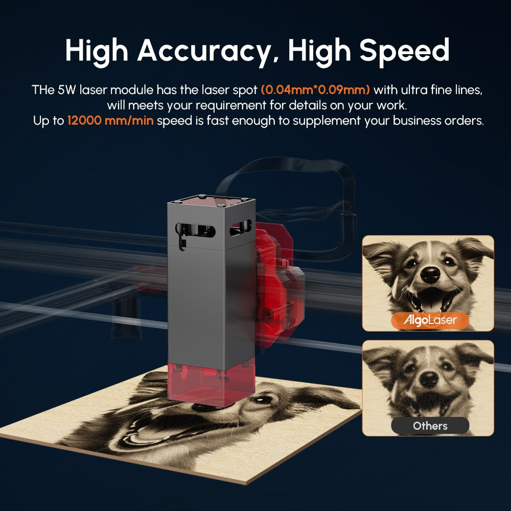 AlgoLaser DIY KIT 5W laserový gravír, dvojjadrový procesor, rýchlosť gravírovania 12 000 mm/min, 2,4 GHz WiFi, 400*400 mm (157,5*157,5 palcov)