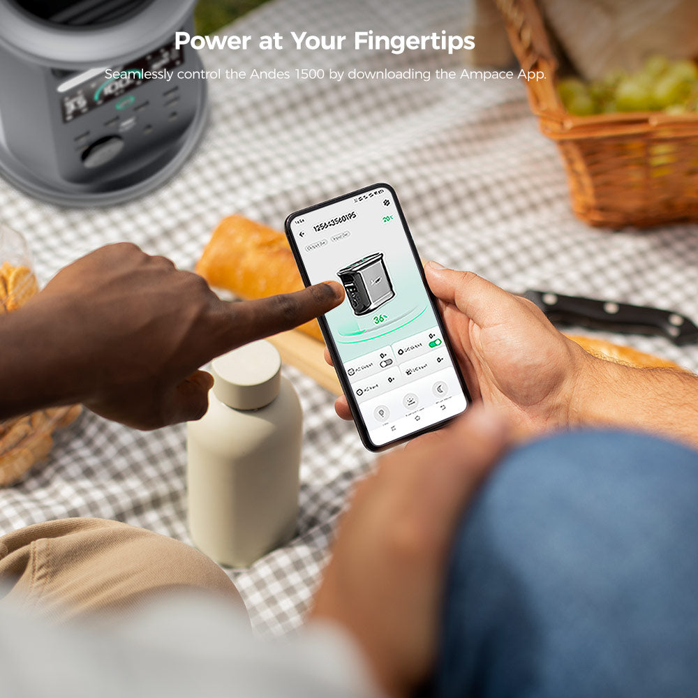 Prenosná elektráreň Ampace Andes 1500, kapacita 1462 Wh LiFePO4, solárny generátor 2400 W, úplné nabitie za 55 minút, 13 výstupných portov, 6000 cyklov, pre vonkajšie kempovanie, obytné vozidlá, záložný zdroj pre domácnosť