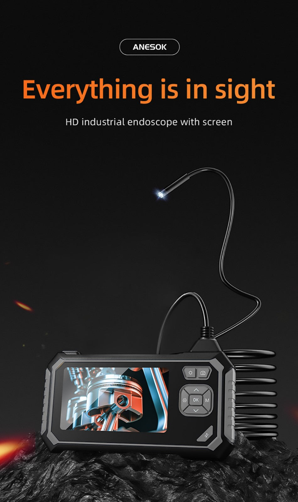 Endoskop ANESOK 113B, 4,3" IPS displej, jeden objektív, rozlíšenie 1080P, 6 nastaviteľných LED svetiel, 3 hodiny prevádzky, vodotesný IP67, 1m kábel - oranžová