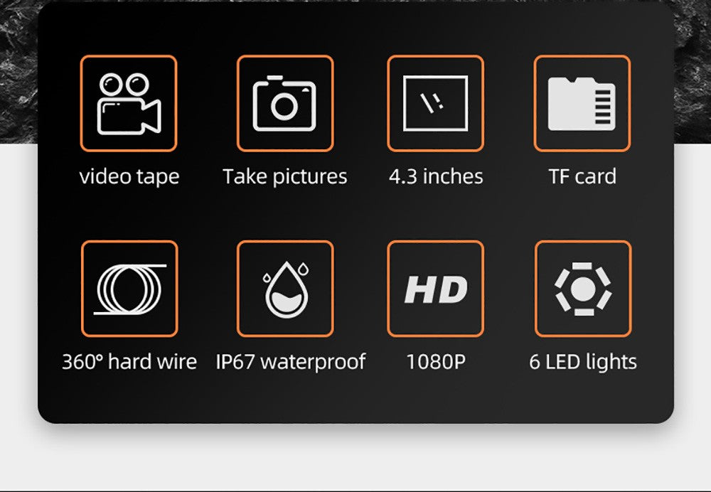 Endoskop ANESOK 113B, 4,3" IPS displej, jeden objektív, rozlíšenie 1080P, 6 nastaviteľných LED svetiel, 3 hodiny prevádzky, vodotesný IP67, 1m kábel - oranžová