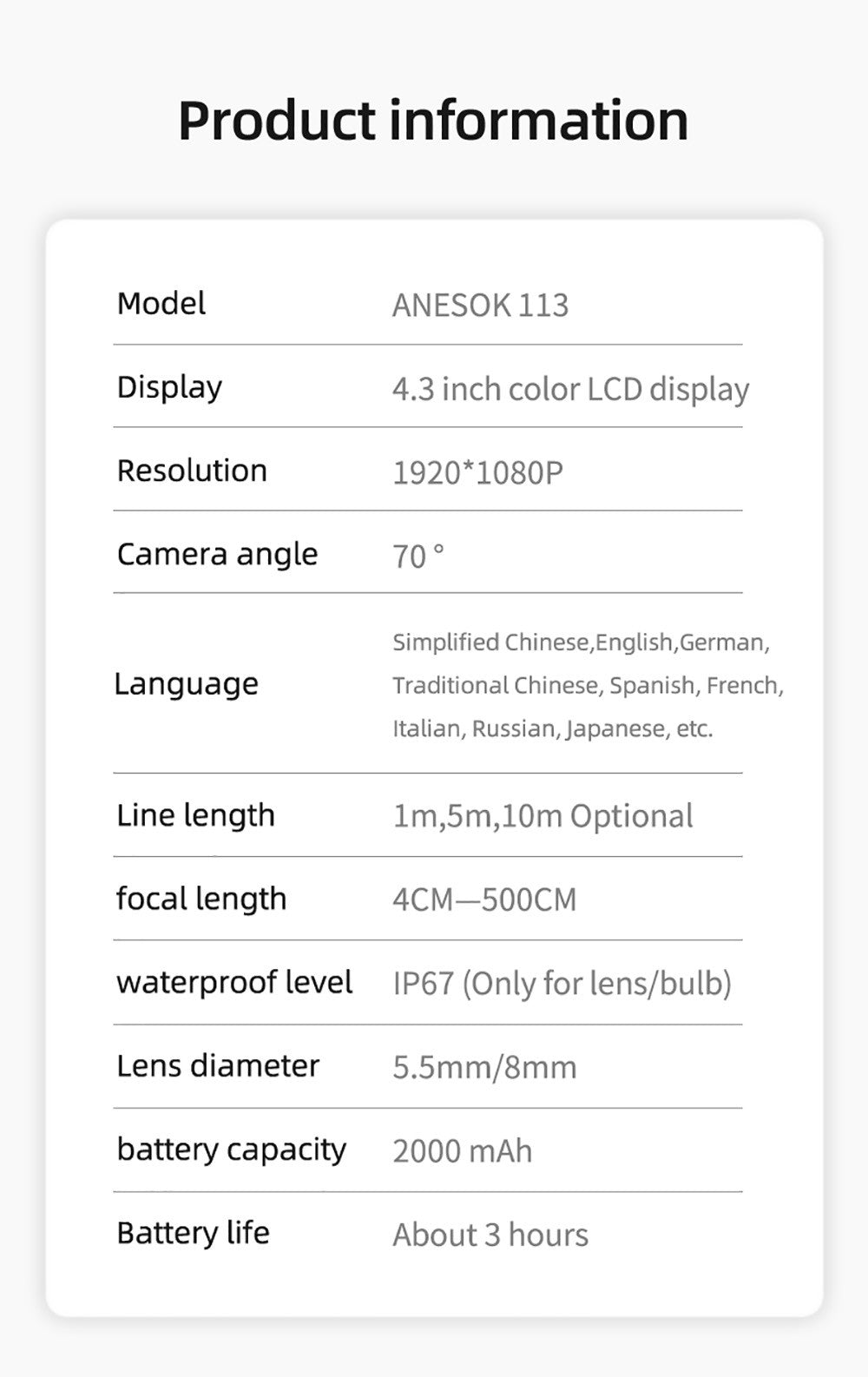 Endoskop ANESOK 113B, 4,3" IPS displej, jeden objektív, rozlíšenie 1080P, 6 nastaviteľných LED svetiel, 3 hodiny prevádzky, vodotesný IP67, 1m kábel - oranžová